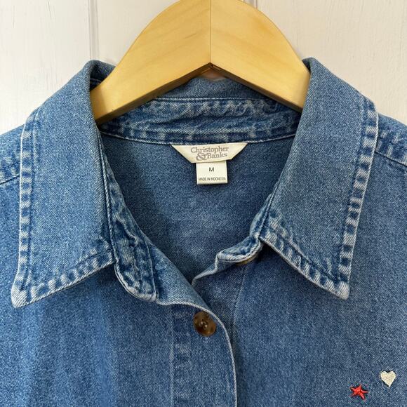 Christopher & Banks Denim Shirt Embroidered Teddy Bears Blue Womens Size Medium - Picture 9 of 10